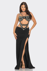 Monique Rhinestone Jewel Maxi Dress - Black & Nude