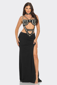 Monique Rhinestone Jewel Maxi Dress - Black & Nude