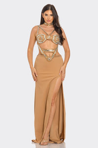 Monique Rhinestone Jewel Maxi Dress - Black & Nude