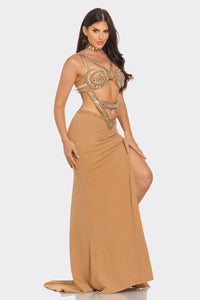 Monique Rhinestone Jewel Maxi Dress - Black & Nude