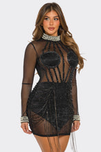 Julia Sheer Rhinestone Mini Dress - Black