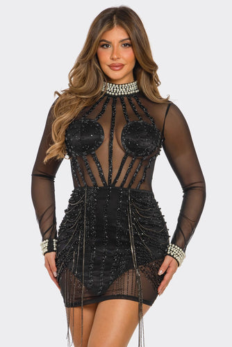 Julia Sheer Rhinestone Mini Dress - Black