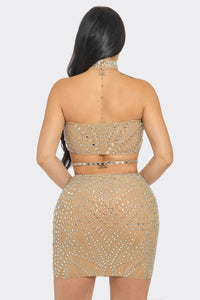 Layla Rhinestoned Top & Skirt Set - Black & Nude