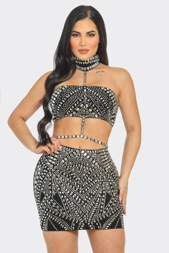 Layla Rhinestoned Top & Skirt Set - Black & Nude