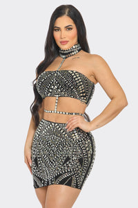 Layla Rhinestoned Top & Skirt Set - Black & Nude