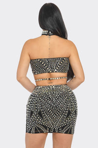 Layla Rhinestoned Top & Skirt Set - Black & Nude