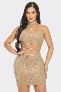 Layla Rhinestoned Top & Skirt Set - Black & Nude