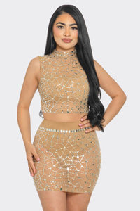 Betsy Rhinestone Top & Skirt Set - Nude