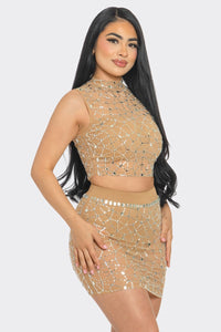 Betsy Rhinestone Top & Skirt Set - Nude