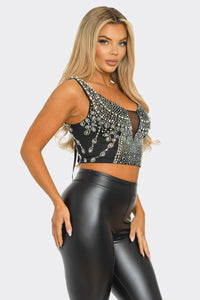 Mia Rhinestone/Pearl Back Lace-up Croc Top - Black