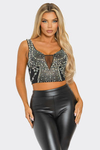 Mia Rhinestone/Pearl Back Lace-up Croc Top - Black