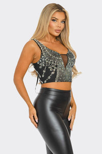 Mia Rhinestone/Pearl Back Lace-up Croc Top - Black