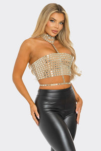 Kenia Rhinestoned Crop Top - Black & Nude