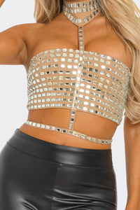 Kenia Rhinestoned Crop Top - Black & Nude