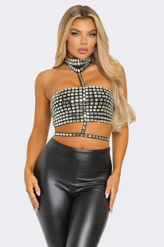 Kenia Rhinestoned Crop Top - Black & Nude