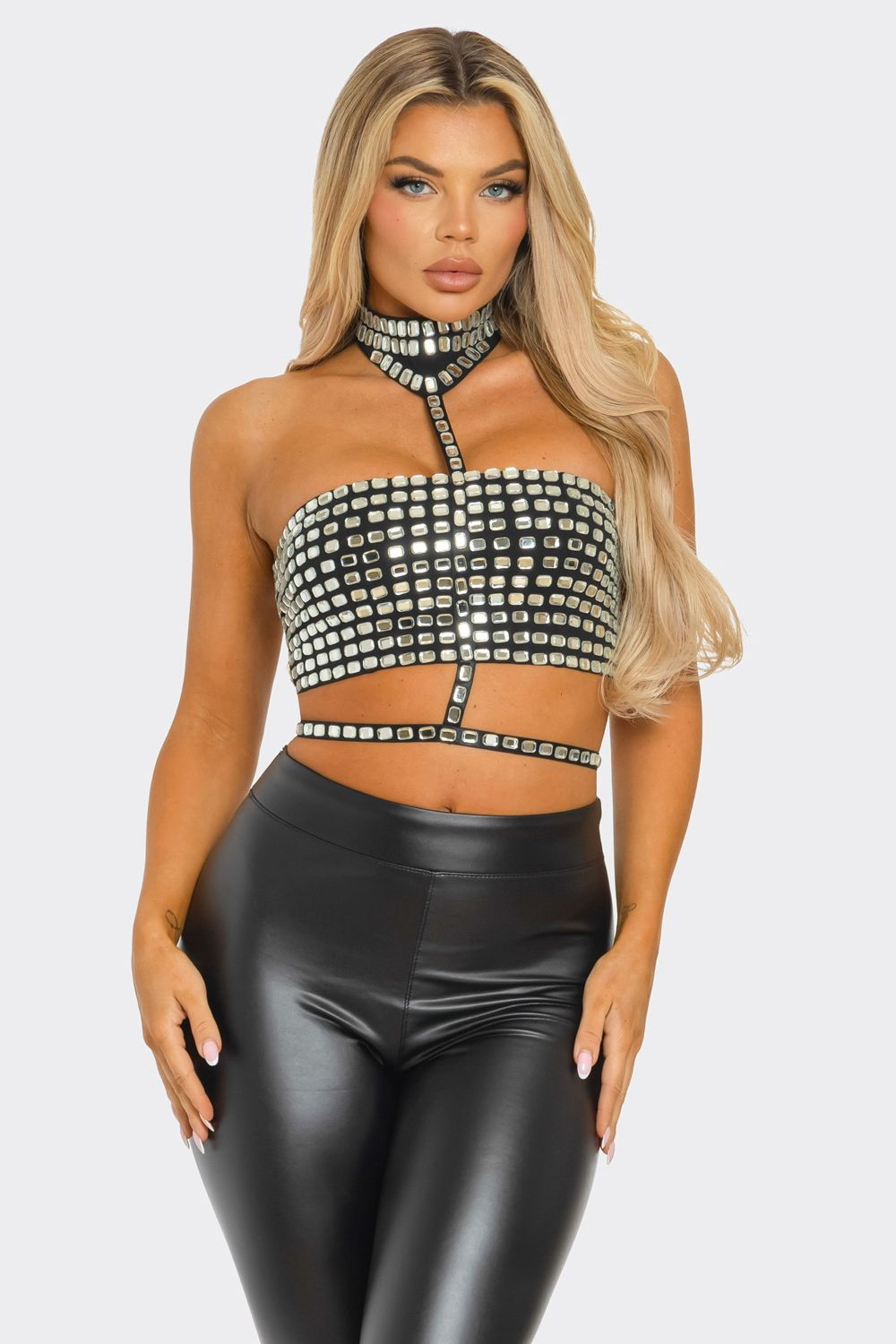 Kenia Rhinestoned Crop Top - Black & Nude