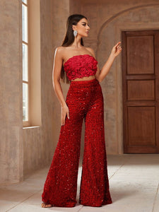 Rosalinda Sequin Pants & Floral Top Set - 3 Color