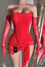 Valencia Lace Mini Dress with Gloves - Red & Black