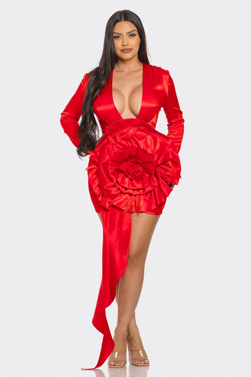 Rosa Satin 3D Floral Mini Dress - Red & Black