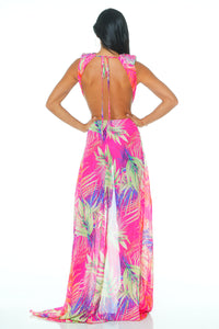 Jungle Tropical Maxi Dress Skirt/Bodysuit Set - Fuchsia