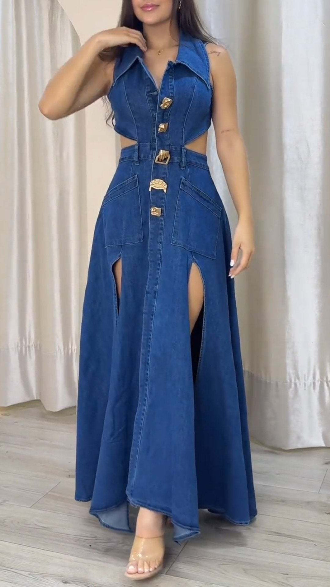 RIRI Denim Stylish Maxi Dress - Blue