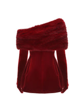 Carol Christmas Holiday Velvet Faux Fur Winter Dress with Gloves - Burgundy & Black