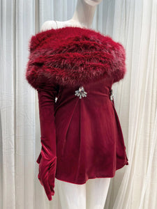 Carol Christmas Holiday Velvet Faux Fur Winter Dress with Gloves - Burgundy & Black