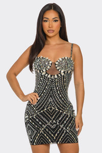 Madonna Rhinestone Mini Dress - Black & Nude