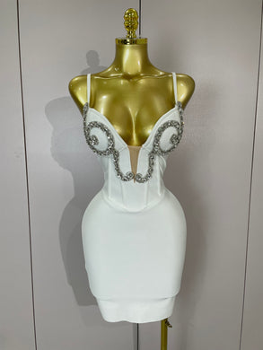 Bianca Bandage Crystal Mini Dress - White