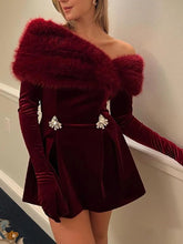 Carol Christmas Holiday Velvet Faux Fur Winter Dress with Gloves - Burgundy & Black