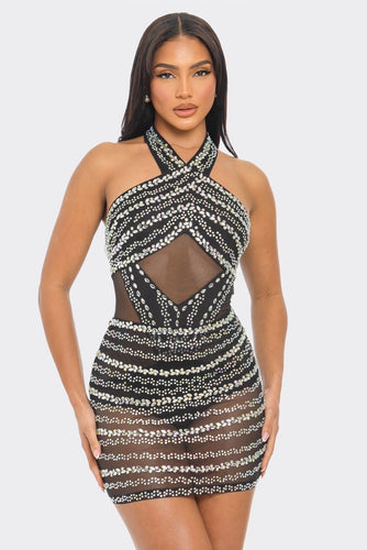 Milly Rhinestone Bodysuit & Skirt Set - Black