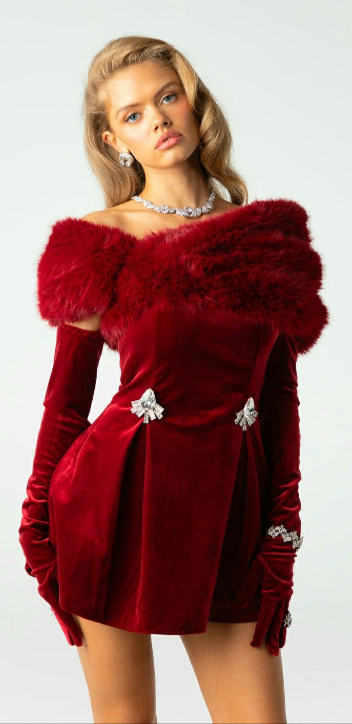 Carol Christmas Holiday Velvet Faux Fur Winter Dress with Gloves - Burgundy & Black