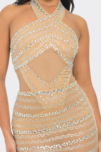 Milly Rhinestone Bodysuit & Skirt Set - Nude