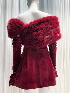 Carol Christmas Holiday Velvet Faux Fur Winter Dress with Gloves - Burgundy & Black