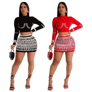 Gisella Bandage Top & Skirt Set - Black & Red