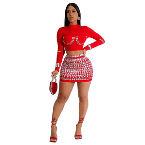 Gisella Bandage Top & Skirt Set - Black & Red