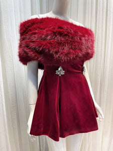 Carol Christmas Holiday Velvet Faux Fur Winter Dress with Gloves - Burgundy & Black