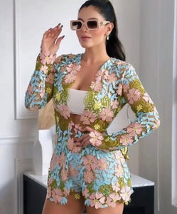 Rosalia Lace Floral 2 Piece Set Short & Blazer - Multi (Restock) *PLUS-SIZE* Available