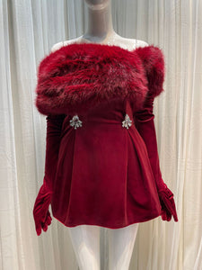 Carol Christmas Holiday Velvet Faux Fur Winter Dress with Gloves - Burgundy & Black