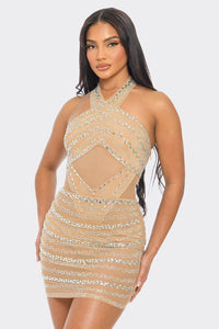 Milly Rhinestone Bodysuit & Skirt Set - Nude