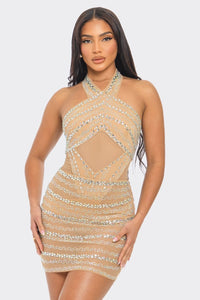 Milly Rhinestone Bodysuit & Skirt Set - Nude