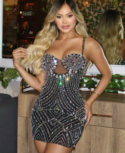 Madonna Rhinestone Mini Dress - Black & Nude