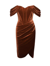 Omaria Tan Off Shoulder Velvet Corset Dress