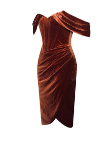 Omaria Tan Off Shoulder Velvet Corset Dress