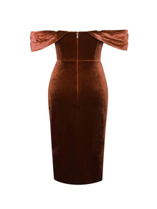 Omaria Tan Off Shoulder Velvet Corset Dress