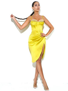 Nyla Satin Corset Dress with Crystals - Lemon