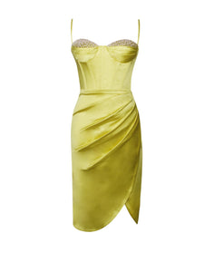 Nyla Satin Corset Dress with Crystals - Lemon