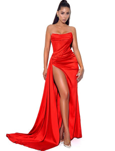 Holly Red Corset Satin Gown - Red