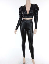 Xtina Black Faux Shinny Leather Puff Sleeve Top