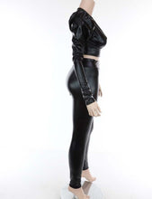 Xtina Black Faux Shinny Leather Puff Sleeve Top